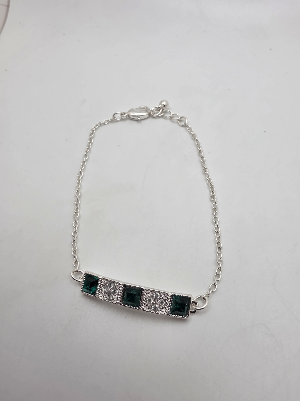 Silver Bar Bracelet with Emerald Green Stones